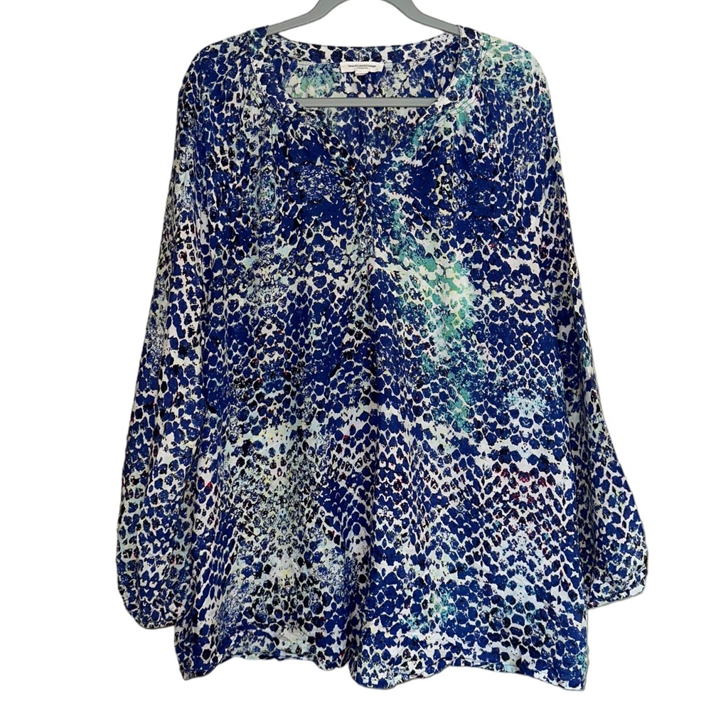 Beachlunchlounge Women's Blue Floral Long Sleeve Tunic Blouse Size 1X